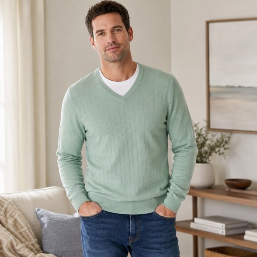Vintage Geoffrey Beene Mint‎ Green V Neck Sweater Mens XL Textured Knit